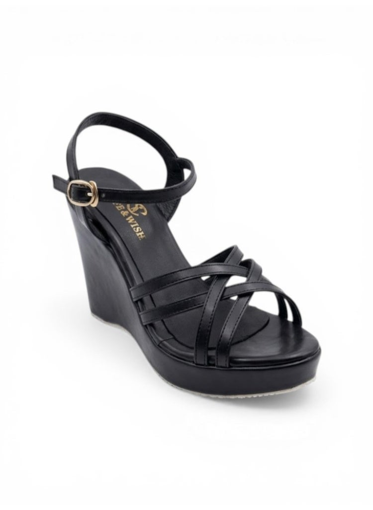 LIFESTYLISH Sandal Wedge Leather With Straps W-12 - Black - Image 2