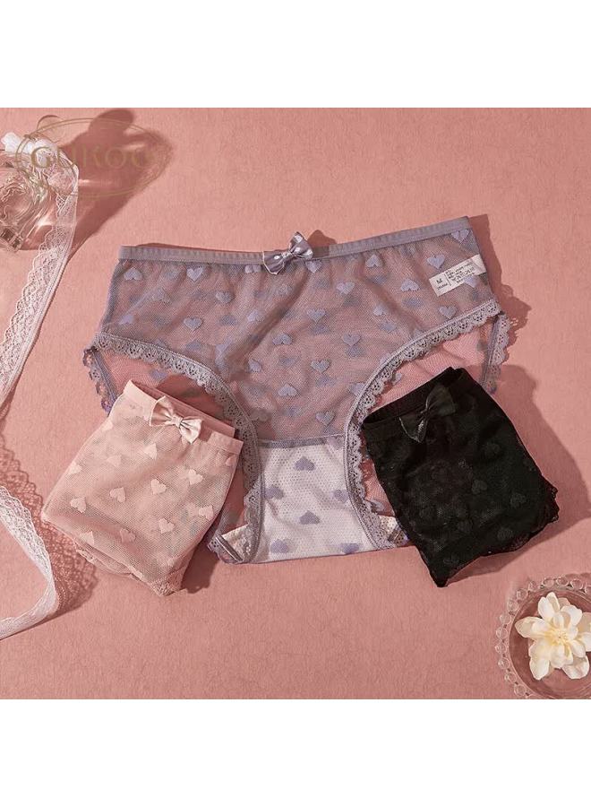 Gukoo Women's Mesh Sweet Girl Lace Bow Panties Set Heart Lace 3-pack L - Image 4