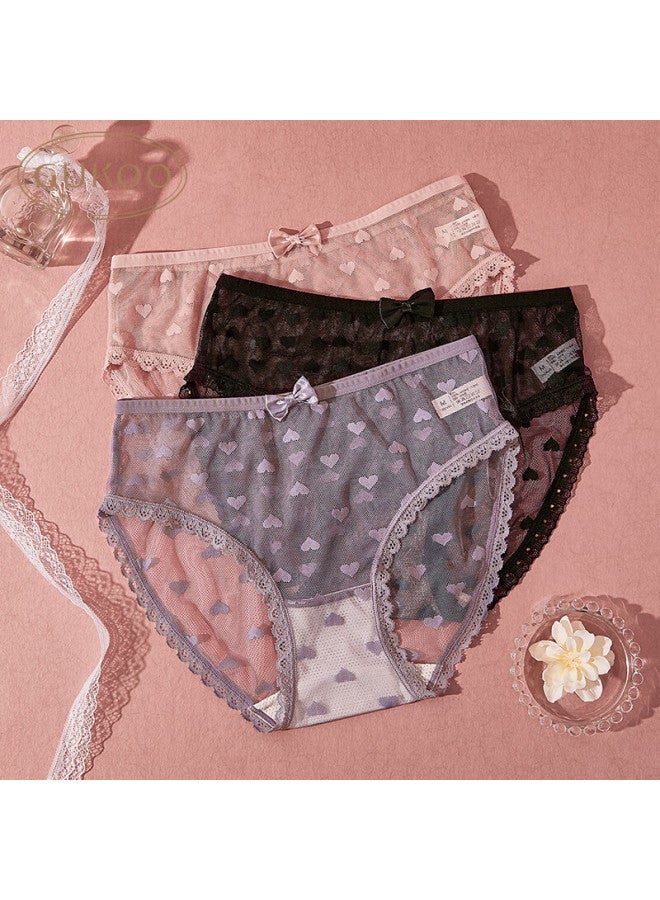Gukoo Women's Mesh Sweet Girl Lace Bow Panties Set Heart Lace 3-pack L - Image 1