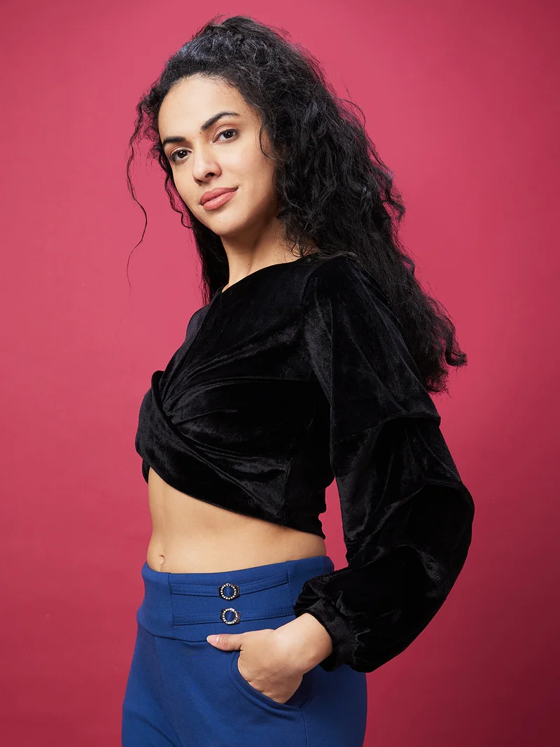 globus Globus Women Puff Sleeve Velvet Crop Top