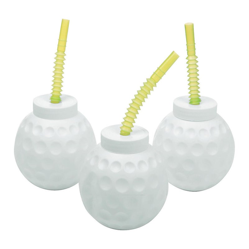 Fun Express 14 oz Golf Ball Molded Reusable BPAFree Plastic Cups with Lids  Straws  12 Cups  Great for Golf Themed Birthday Parties and Events