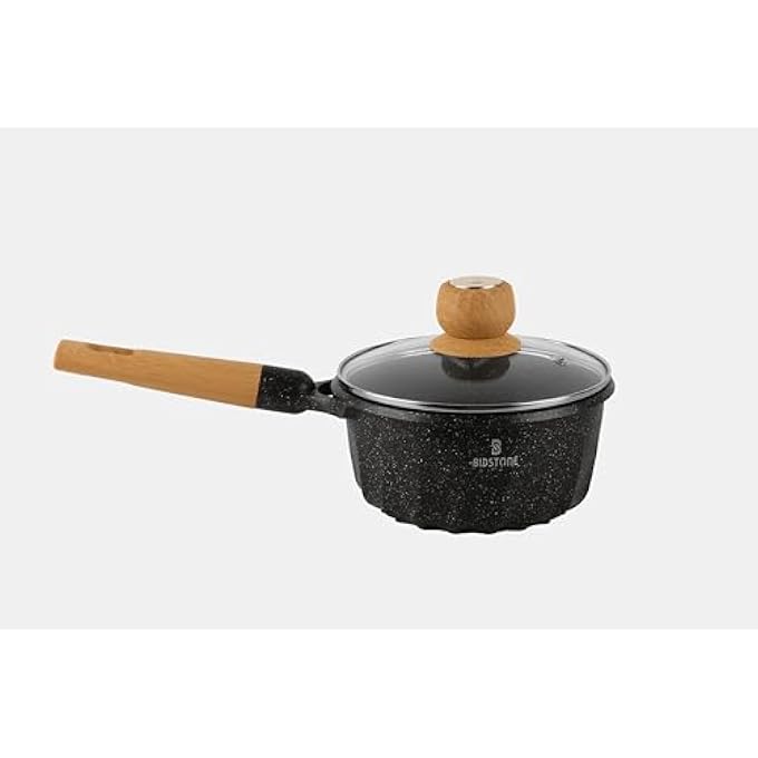 Bidstone 18 Cm NonStick Black Saucepan 15L  Scratch Resistant Induction Base Wooden Handle PtfePfoaFree  Elegant Black Speckled Design - Image 1