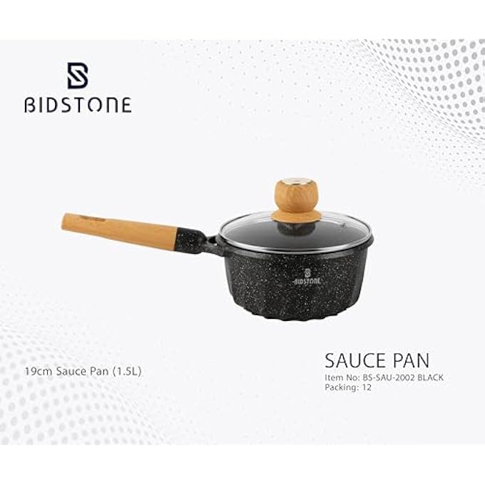 Bidstone 18 Cm NonStick Black Saucepan 15L  Scratch Resistant Induction Base Wooden Handle PtfePfoaFree  Elegant Black Speckled Design - Image 3