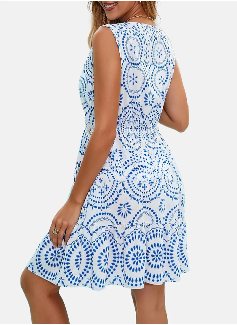 يونيكي White & Blue V Neck Ethnic Motif Print A-Line Dress