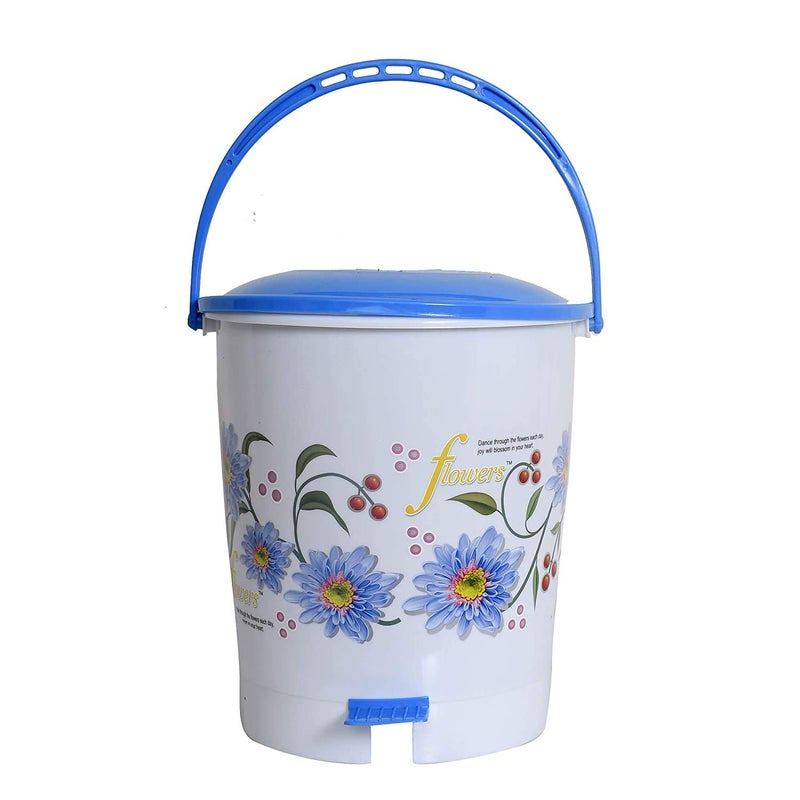 Kuber Industries Kuber Industries Flower Print Plastic StepOn Plastic Dustbin for Home Office Factory with Lid 10 Liters KUBMART10946 Blue  - Image 2