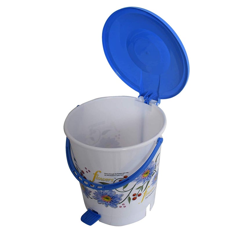 Kuber Industries Kuber Industries Flower Print Plastic StepOn Plastic Dustbin for Home Office Factory with Lid 10 Liters KUBMART10946 Blue  - Image 3