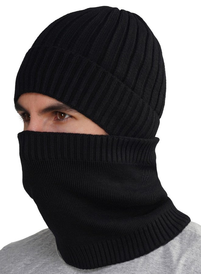 iSWEVEN Men and Women Woolen Inside Fur Warm Winter 2in1 Hat with Neck Warmer Scarf Set for Unisex Soft Wool Slouchy Stylish Skull Woollen Beanie Cap (4212A, Black) - Image 4