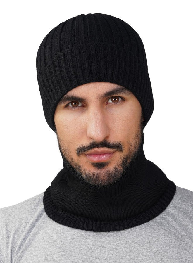 iSWEVEN Men and Women Woolen Inside Fur Warm Winter 2in1 Hat with Neck Warmer Scarf Set for Unisex Soft Wool Slouchy Stylish Skull Woollen Beanie Cap (4212A, Black) - Image 2