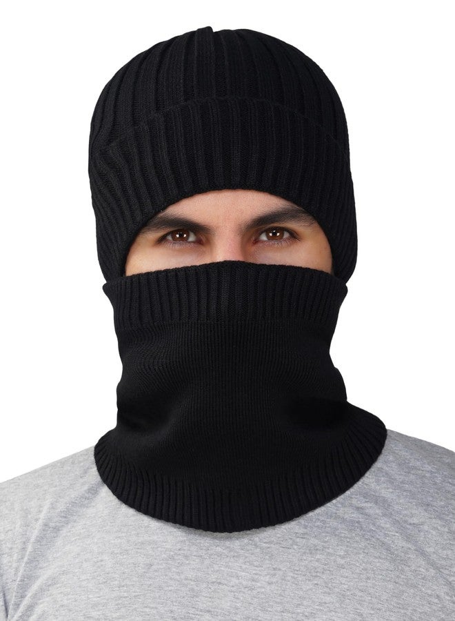 iSWEVEN Men and Women Woolen Inside Fur Warm Winter 2in1 Hat with Neck Warmer Scarf Set for Unisex Soft Wool Slouchy Stylish Skull Woollen Beanie Cap (4212A, Black) - Image 3