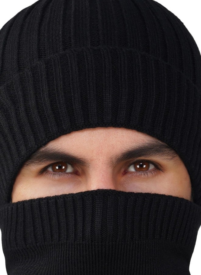 iSWEVEN Men and Women Woolen Inside Fur Warm Winter 2in1 Hat with Neck Warmer Scarf Set for Unisex Soft Wool Slouchy Stylish Skull Woollen Beanie Cap (4212A, Black) - Image 5