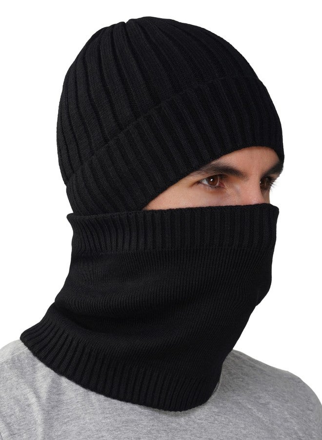 iSWEVEN Men and Women Woolen Inside Fur Warm Winter 2in1 Hat with Neck Warmer Scarf Set for Unisex Soft Wool Slouchy Stylish Skull Woollen Beanie Cap (4212A, Black) - Image 1