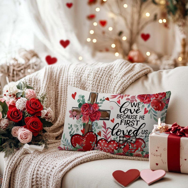 AACORS Valentine's Day Pillow Cover 12X20 Inch Love Heart Cross Floral Decor Pillow Case Farmhouse for Home Sofa Couch Decoration AA776-12 - Image 4