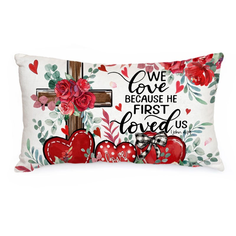 AACORS Valentine's Day Pillow Cover 12X20 Inch Love Heart Cross Floral Decor Pillow Case Farmhouse for Home Sofa Couch Decoration AA776-12 - Image 1