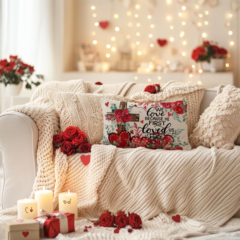 AACORS Valentine's Day Pillow Cover 12X20 Inch Love Heart Cross Floral Decor Pillow Case Farmhouse for Home Sofa Couch Decoration AA776-12 - Image 2