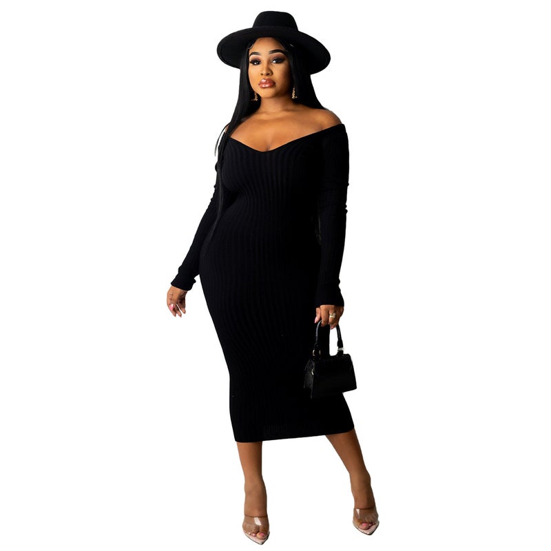 Q21S951 New European and American Style Large V-Neck Off-the-Shoulder Threaded Sexy Dress black XL - Image 1