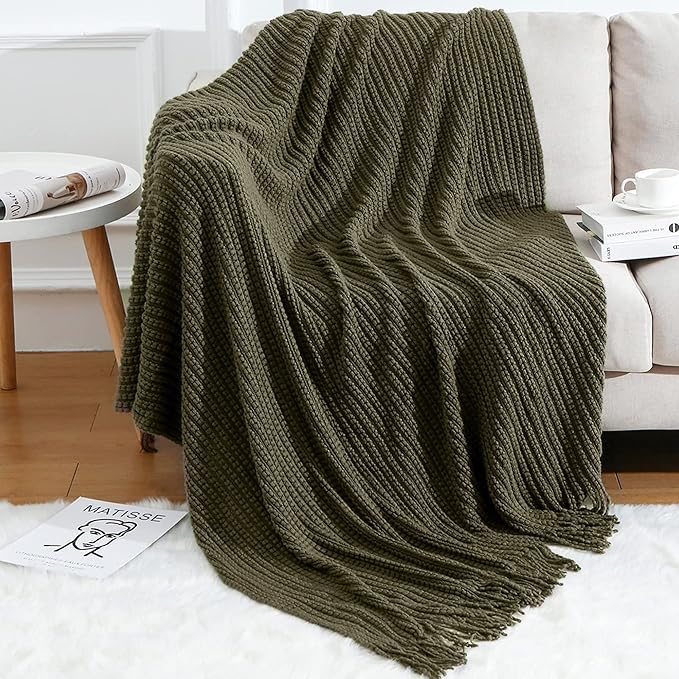 Blagic Knitted Throw Blanket for Couch Soft Farmhouse Boho Throw Blanket with Tassels Home Decorative Lightweight Throw Blankets,Dark Green Throws for Bed/Chair/Sofa, Wheat Textured, 50" W x 60" L - Image 1