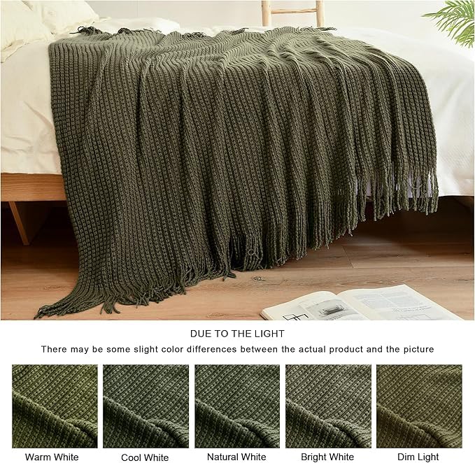 Blagic Knitted Throw Blanket for Couch Soft Farmhouse Boho Throw Blanket with Tassels Home Decorative Lightweight Throw Blankets,Dark Green Throws for Bed/Chair/Sofa, Wheat Textured, 50" W x 60" L - Image 2