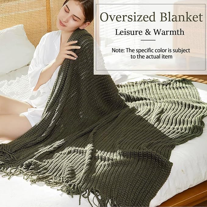 Blagic Knitted Throw Blanket for Couch Soft Farmhouse Boho Throw Blanket with Tassels Home Decorative Lightweight Throw Blankets,Dark Green Throws for Bed/Chair/Sofa, Wheat Textured, 50" W x 60" L - Image 3