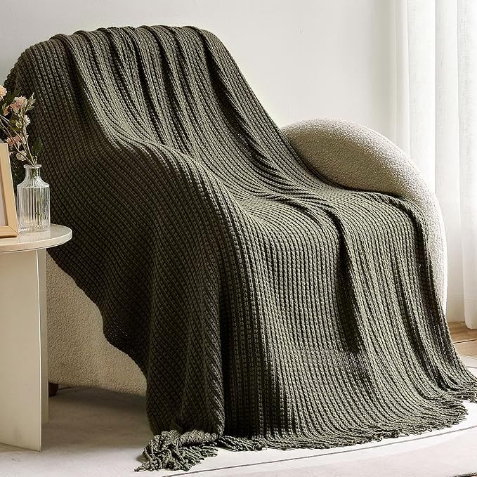 Blagic Knitted Throw Blanket for Couch Soft Farmhouse Boho Throw Blanket with Tassels Home Decorative Lightweight Throw Blankets,Dark Green Throws for Bed/Chair/Sofa, Wheat Textured, 50" W x 60" L - Image 5
