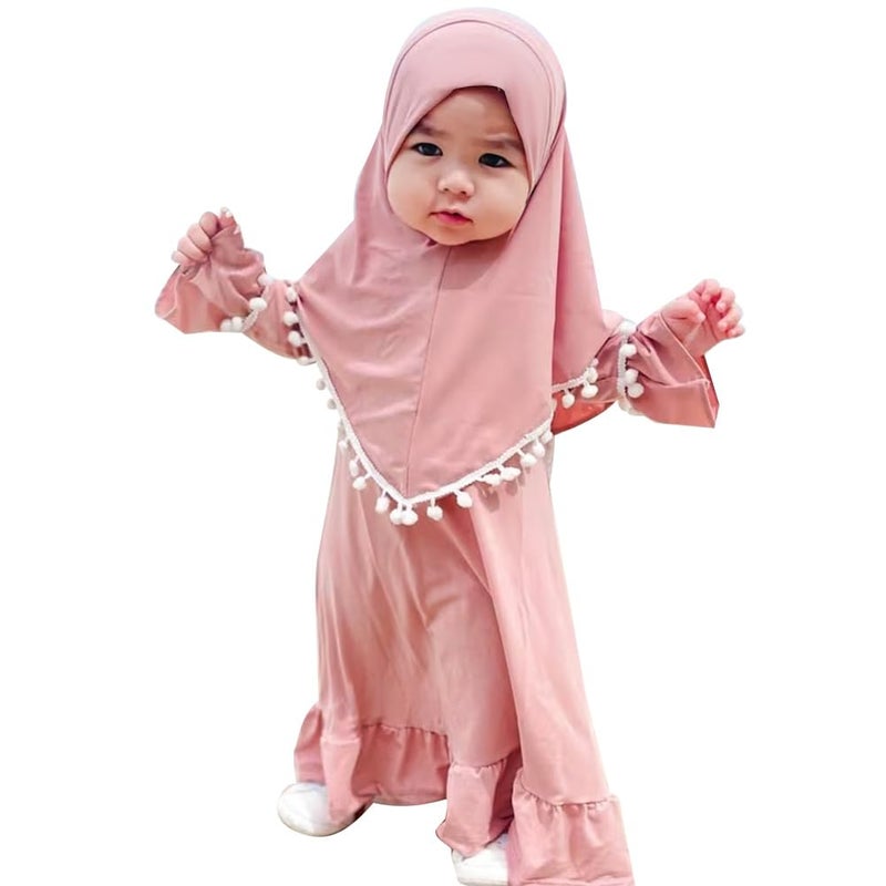 Newborn Infant Baby Girl Prayer Dress Muslim Clothes for Toddler Kids Long Sleeve Abaya with Hijab Two Piece Maxi Islamic Dress Set Kaftan Middle East Arabian Dubai Robe Ramadan Eid Dusty Pink 06M