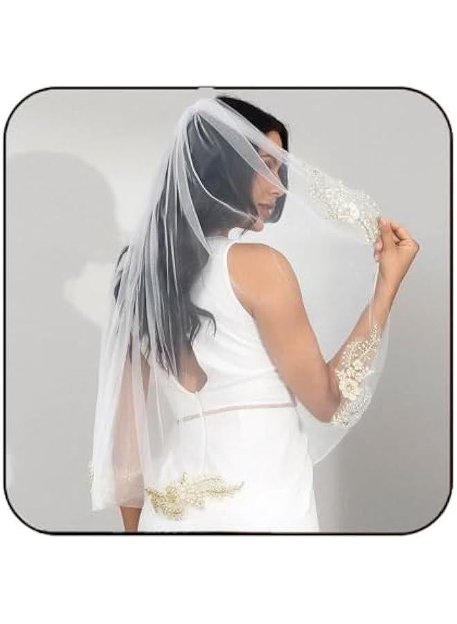 1 Tier Lace Fingertip Bride Wedding Veil White Short Bridal Veil Bachelorette Veils with Comb for Brides and Women - Image 1