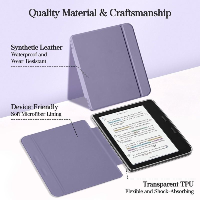 Vane Oak Magnetic Detachable Case for 7" Kobo Libra Colour (2024) / Kobo Libra 2 (2021), Slim PU Leather Case and Ultra Clear TPU Back Cover with Auto Wake/Sleep, Lavender Purple - Image 4