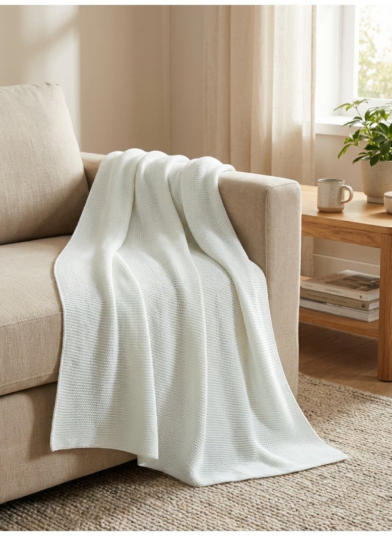 Ambrosia 130 x 160 cm White Cozy Cotton Knitted Throw Blanket for Couch and Bed, 400GSM Soft Decorative Sofa Cover Bed Runner Boho Travel Picnic Mat - Image 2