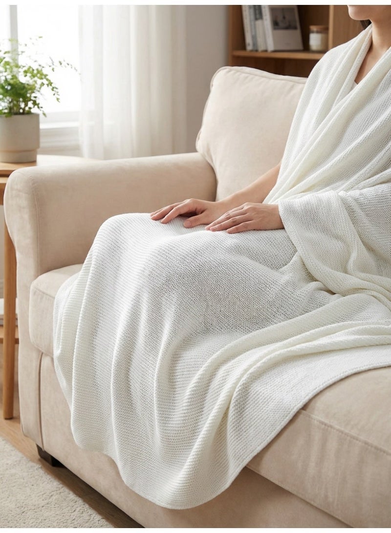 Ambrosia 130 x 160 cm White Cozy Cotton Knitted Throw Blanket for Couch and Bed, 400GSM Soft Decorative Sofa Cover Bed Runner Boho Travel Picnic Mat - Image 3