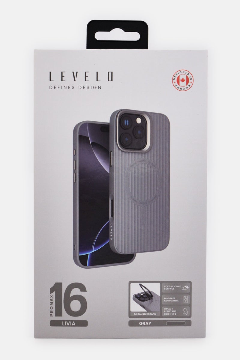 LEVELO iPhone 16 Pro Max Livia Silicone Protective Case With Camera Ring Stand, Grey - Image 2