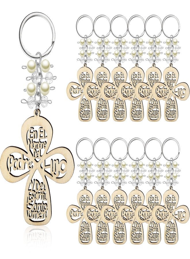 Junkin 20 Pieces Baptism Favor Keychain Cross Wooden Key Ring Christening Design with Bag Gifts for Baptism Favors First Communion - Image 1