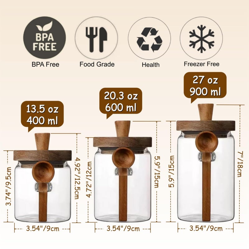 ANSQU Glass Jars with Wooden Lids and Spoons (13.5oz/20.3oz/27oz), Set of 3 Glass Food Storage Containers Coffee Jar Coffee Grounds Container, Glass Food Storage Canisters - Image 2