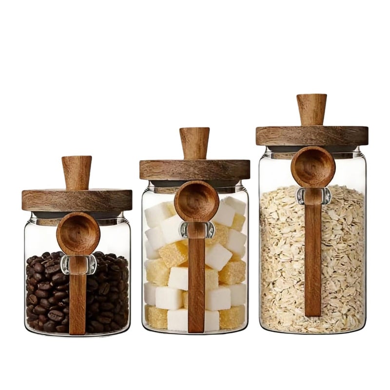 ANSQU Glass Jars with Wooden Lids and Spoons (13.5oz/20.3oz/27oz), Set of 3 Glass Food Storage Containers Coffee Jar Coffee Grounds Container, Glass Food Storage Canisters - Image 1