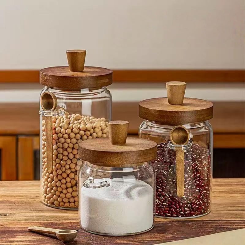 ANSQU Glass Jars with Wooden Lids and Spoons (13.5oz/20.3oz/27oz), Set of 3 Glass Food Storage Containers Coffee Jar Coffee Grounds Container, Glass Food Storage Canisters - Image 3