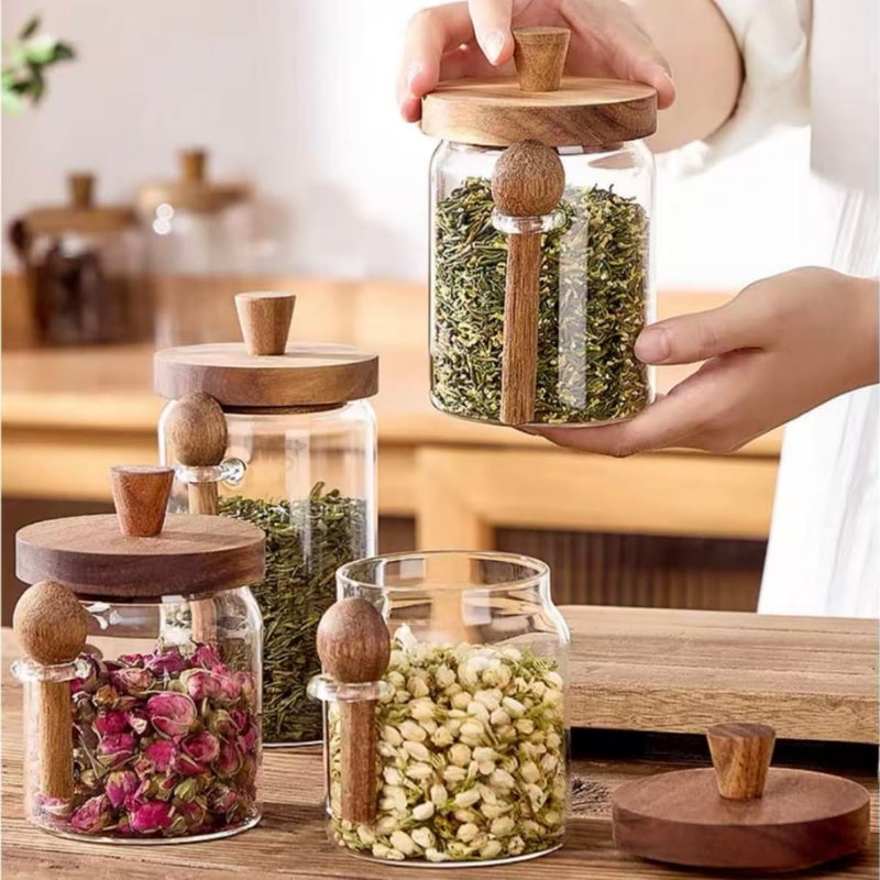 ANSQU Glass Jars with Wooden Lids and Spoons (13.5oz/20.3oz/27oz), Set of 3 Glass Food Storage Containers Coffee Jar Coffee Grounds Container, Glass Food Storage Canisters - Image 4