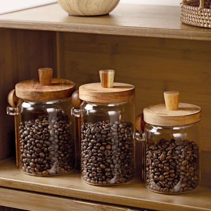 ANSQU Glass Jars with Wooden Lids and Spoons (13.5oz/20.3oz/27oz), Set of 3 Glass Food Storage Containers Coffee Jar Coffee Grounds Container, Glass Food Storage Canisters - Image 5