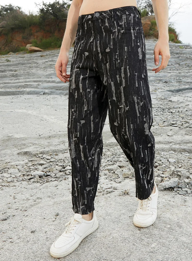 Men's Navy Blue Textured Baggy Denim Jeans For Casual Wear | Low-Rise | Dark-Wash | Button Closure | Denim Jeans Crafted With Comfort Fit For Everyday Wear