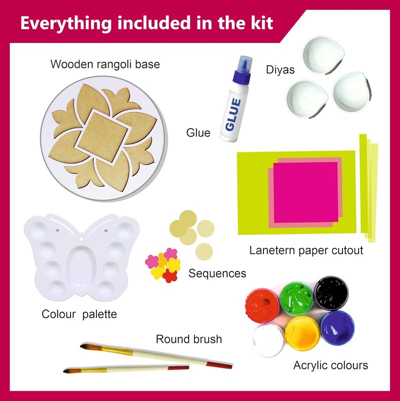 Lighthouse Artful Diwali Mini Pack Decoration Kit | Paint Your Own Festive Decoration | Diyas, Lantern Cutouts, Wooden Rangoli Base, Colours, Round Brush, Glue | Corporate Gifting for Diwali - Image 2