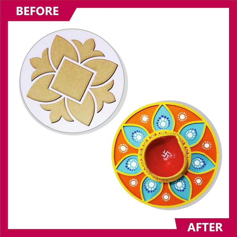 Lighthouse Artful Diwali Mini Pack Decoration Kit | Paint Your Own Festive Decoration | Diyas, Lantern Cutouts, Wooden Rangoli Base, Colours, Round Brush, Glue | Corporate Gifting for Diwali - Image 4