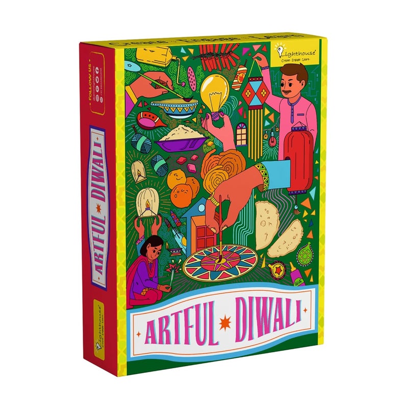 Lighthouse Artful Diwali Mini Pack Decoration Kit | Paint Your Own Festive Decoration | Diyas, Lantern Cutouts, Wooden Rangoli Base, Colours, Round Brush, Glue | Corporate Gifting for Diwali - Image 1