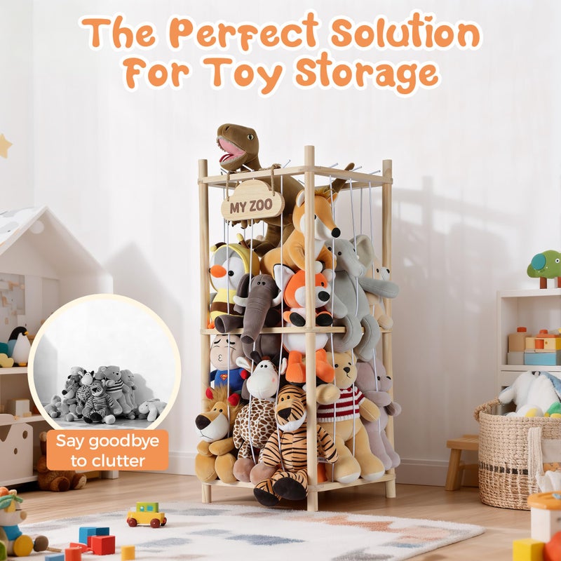LAMU Stuffed Animal Storage Zoo, Wooden Stuffed Animals Organizer & Holder for Kids with Elastic Cords, Space Saving Plushies Toy Organizer, Easy to Setup Plush Toy Cage for Playroom Bedroom Nursery - Image 4