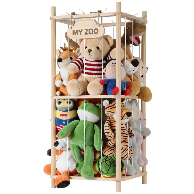 LAMU Stuffed Animal Storage Zoo, Wooden Stuffed Animals Organizer & Holder for Kids with Elastic Cords, Space Saving Plushies Toy Organizer, Easy to Setup Plush Toy Cage for Playroom Bedroom Nursery - Image 1