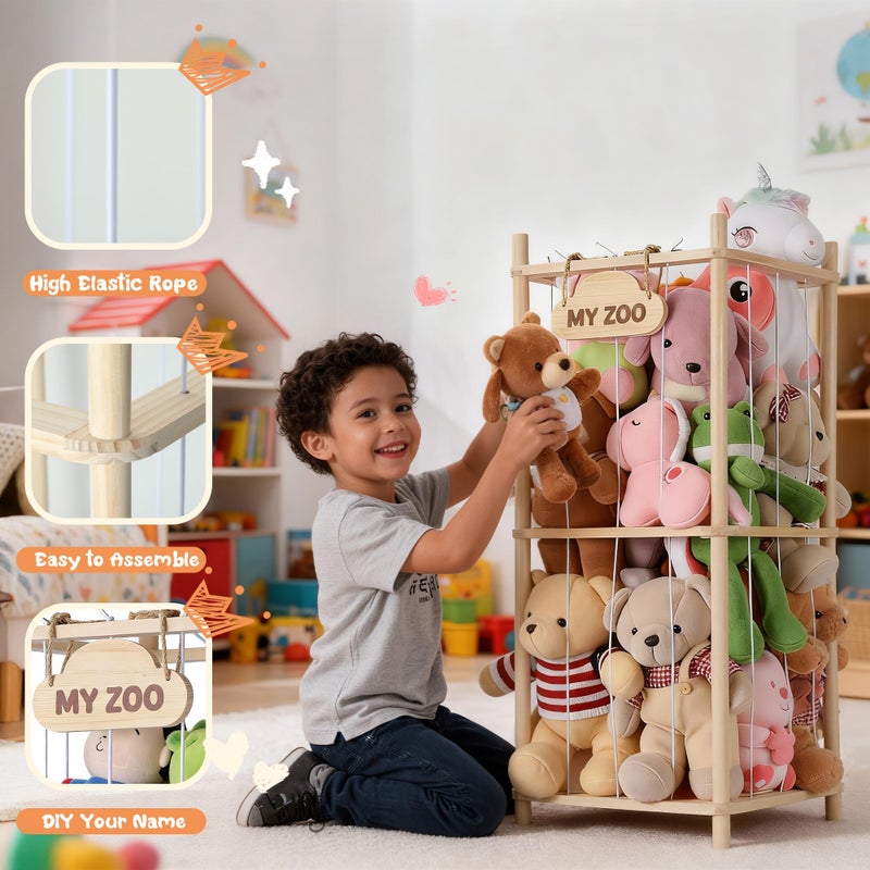 LAMU Stuffed Animal Storage Zoo, Wooden Stuffed Animals Organizer & Holder for Kids with Elastic Cords, Space Saving Plushies Toy Organizer, Easy to Setup Plush Toy Cage for Playroom Bedroom Nursery - Image 3