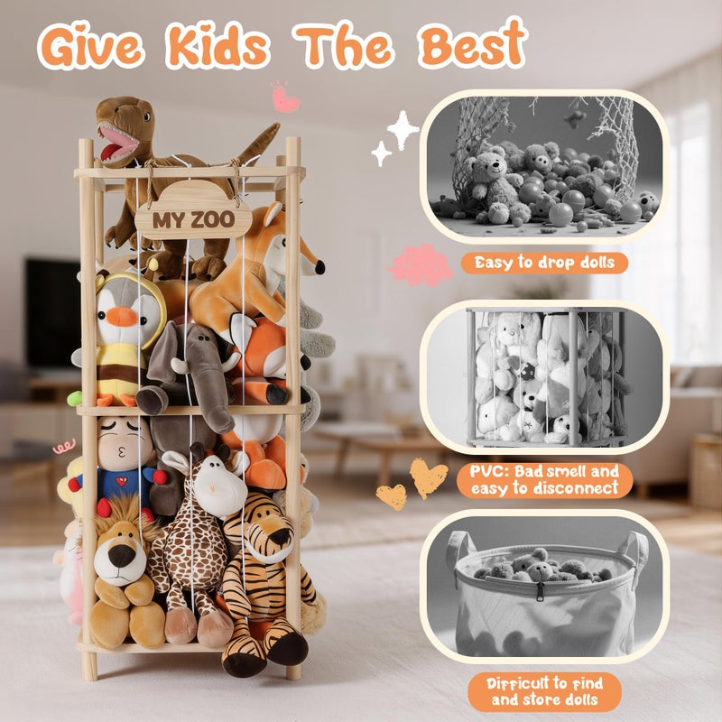 LAMU Stuffed Animal Storage Zoo, Wooden Stuffed Animals Organizer & Holder for Kids with Elastic Cords, Space Saving Plushies Toy Organizer, Easy to Setup Plush Toy Cage for Playroom Bedroom Nursery - Image 5