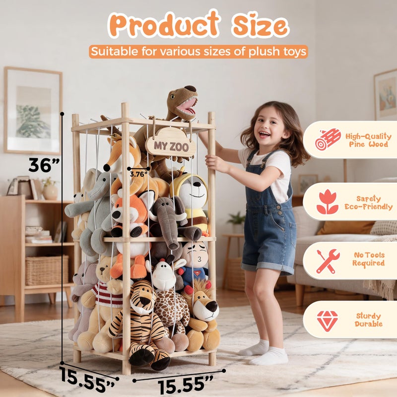 LAMU Stuffed Animal Storage Zoo, Wooden Stuffed Animals Organizer & Holder for Kids with Elastic Cords, Space Saving Plushies Toy Organizer, Easy to Setup Plush Toy Cage for Playroom Bedroom Nursery - Image 2