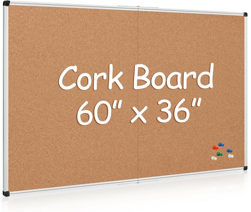 Board2by Extra Large Cork Bulletin Board 60" X 36", Foldable Notice Pin Board for Wall, Silver Aluminum Framed 5'x3' Corkboard, Wall Mounted Noticeboard with 36 Push Pins for School, Home & Office - Image 1