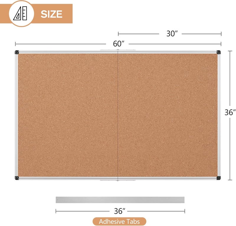 Board2by Extra Large Cork Bulletin Board 60" X 36", Foldable Notice Pin Board for Wall, Silver Aluminum Framed 5'x3' Corkboard, Wall Mounted Noticeboard with 36 Push Pins for School, Home & Office - Image 3
