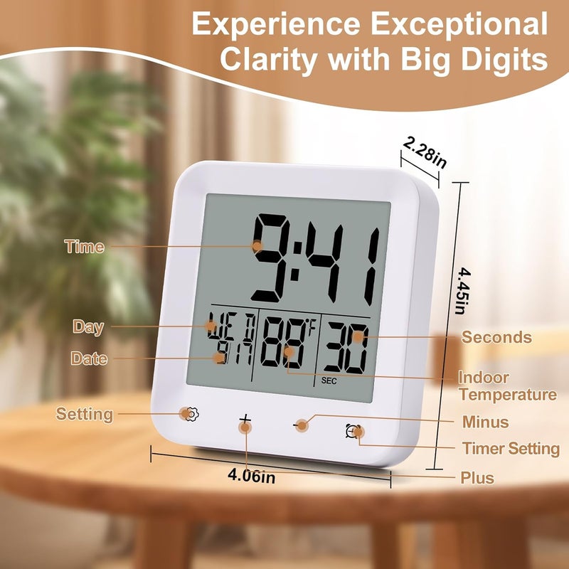 XINKORA Waterproof Shower Clock with Timer, Bathroom Wall Clock Displaying Temperature, Date & Day, Battery Operated LCD Digital Clock for Bath, Kitchen (White) - Image 4