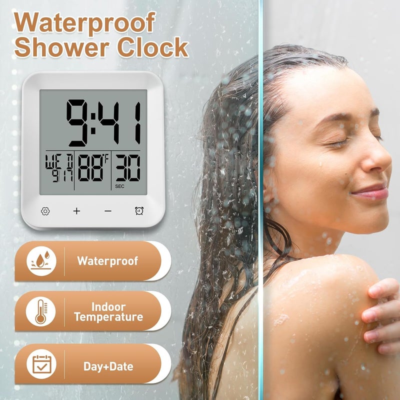 XINKORA Waterproof Shower Clock with Timer, Bathroom Wall Clock Displaying Temperature, Date & Day, Battery Operated LCD Digital Clock for Bath, Kitchen (White) - Image 2