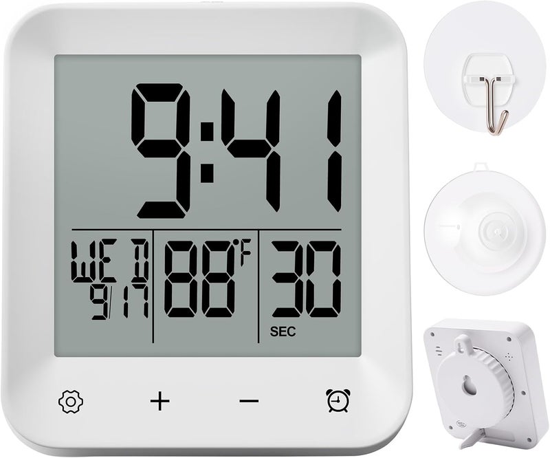 XINKORA Waterproof Shower Clock with Timer, Bathroom Wall Clock Displaying Temperature, Date & Day, Battery Operated LCD Digital Clock for Bath, Kitchen (White) - Image 1