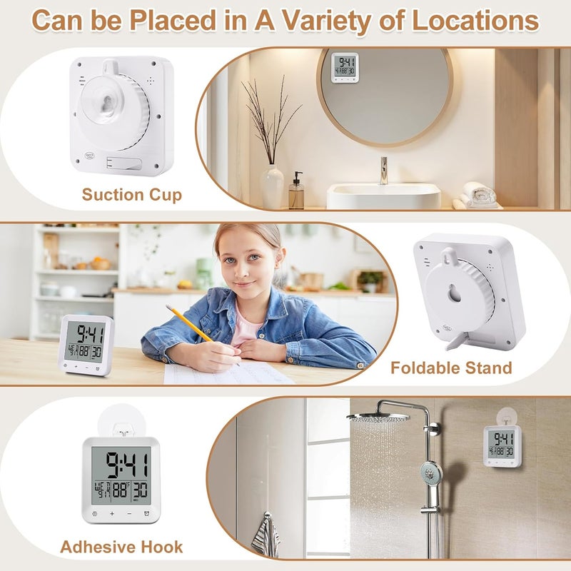 XINKORA Waterproof Shower Clock with Timer, Bathroom Wall Clock Displaying Temperature, Date & Day, Battery Operated LCD Digital Clock for Bath, Kitchen (White) - Image 5